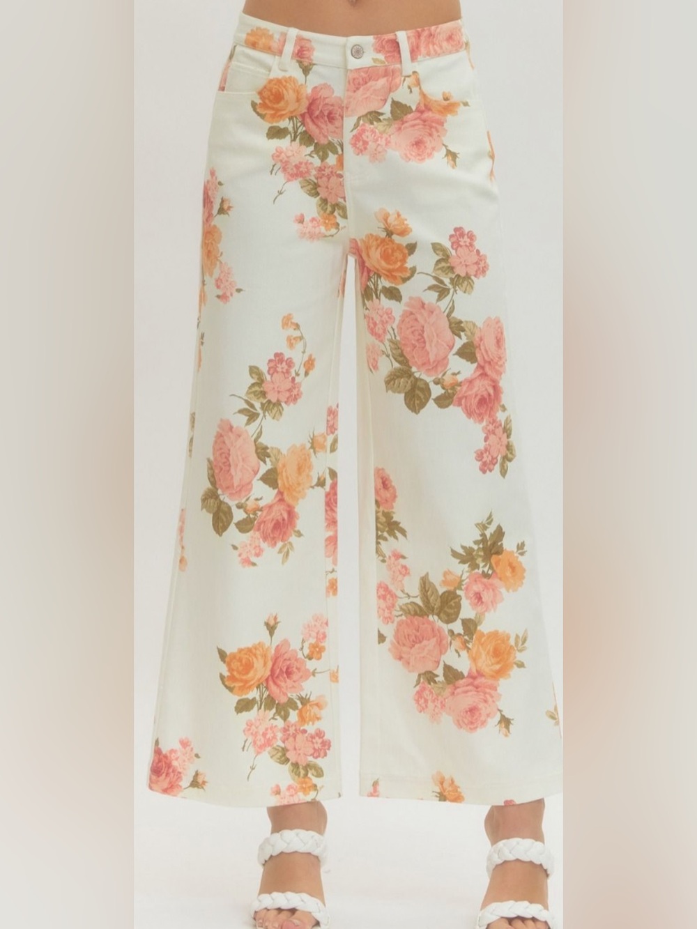 NWT Cream Floral Ankle-Cropped Denim Jeans with Pink & Peach Roses M or L